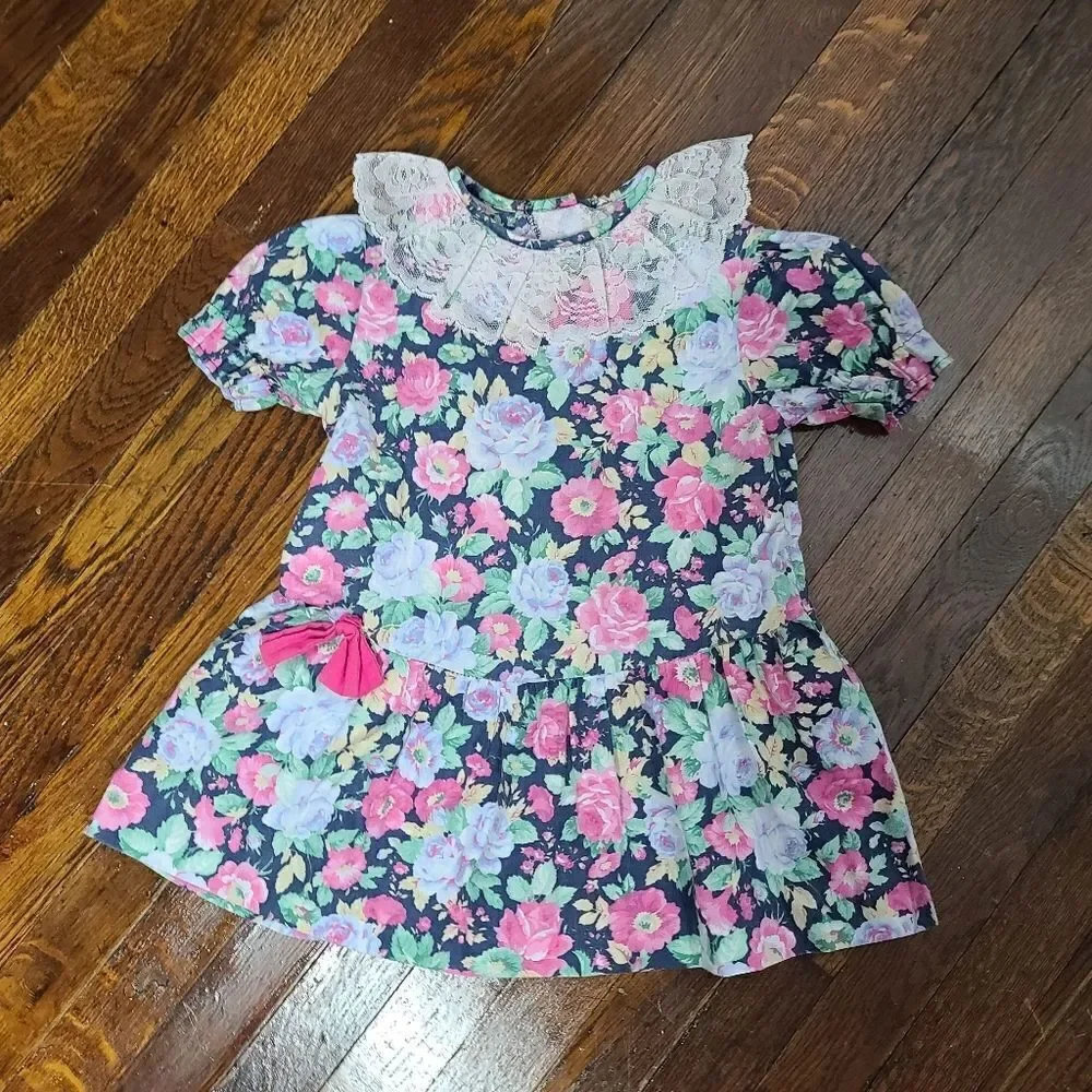 Vintage 80s 90s Girls Pink Colorful Floral Dress White Lace Collar 4T - Picture 6 of 9